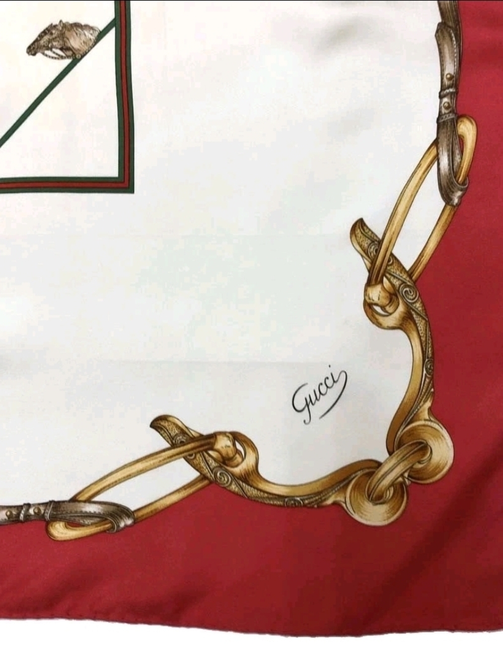Gucci Sherry Line VTG 1978 Silk Scarf Equestrian Horse Print Red Green 86cm - Picture 7 of 13